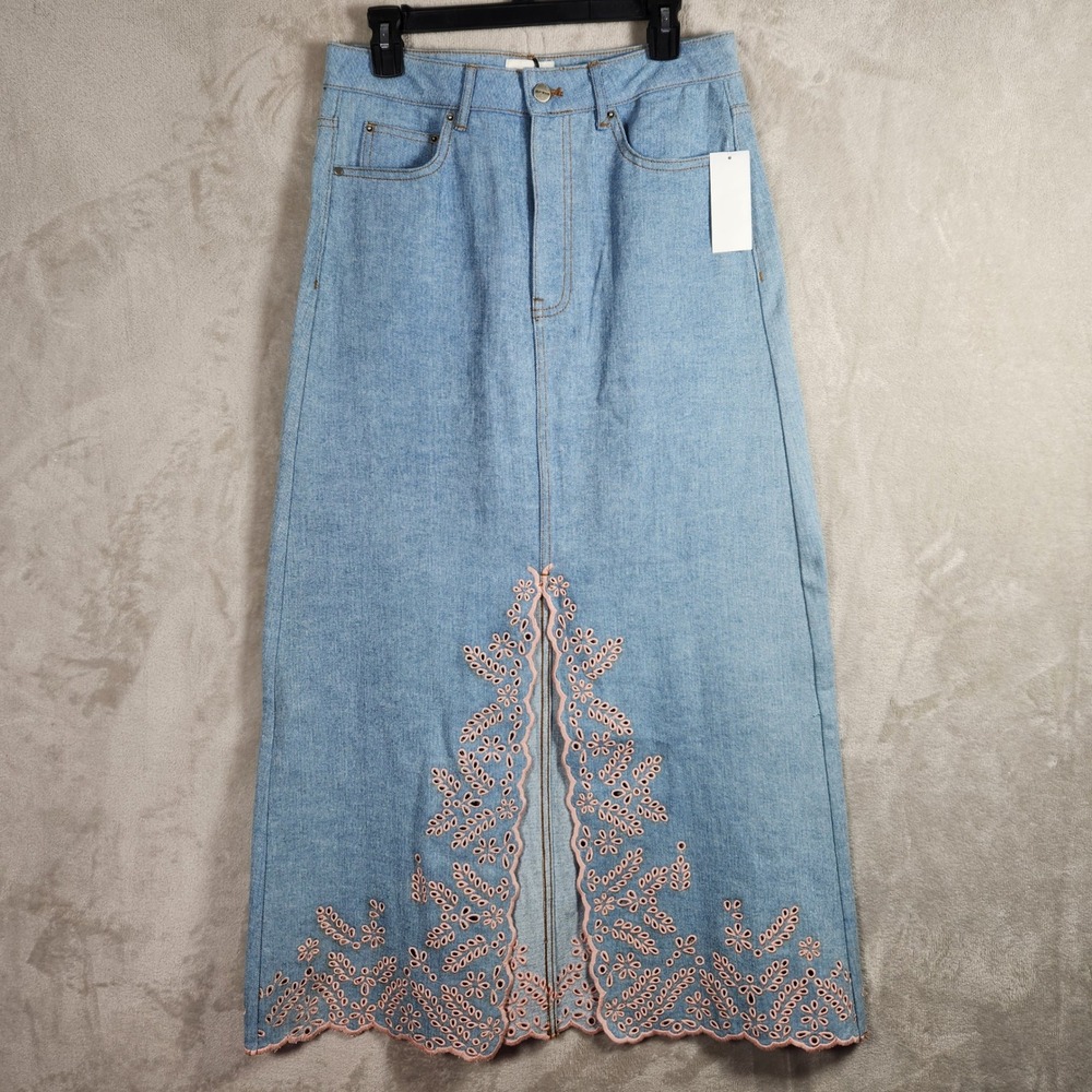 Driftwood Serena Embroidered Denim Maxi Skirt Pink Promise Size 31 Western Roman